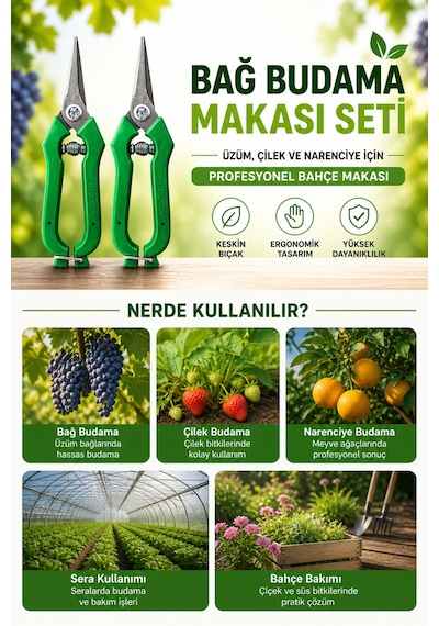 Bağ Budama Makası Seti 2 Li Profesyonel Üzüm, Çilek Ve Bahçe Makası Keskin & Ergonomik