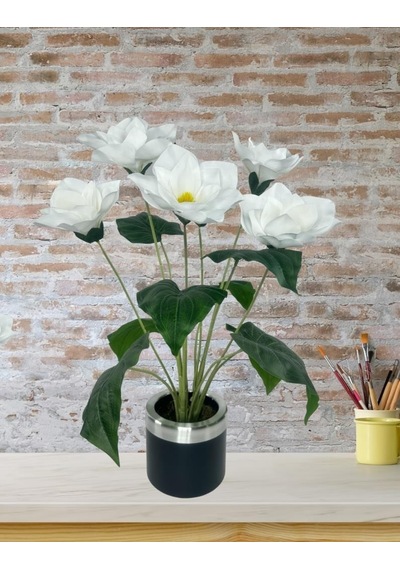 Yapay Çiçek Islak Manolya Çiçeği 6 Çiçekli 65cm Gümüş Halkalı Galvaniz Vazoda Salon Çiçeği
