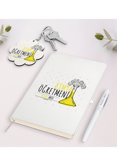 Kişiye Özel Kimya Öğretmeni Beyaz Defter Kalem Ve Anahtarlık Hedi N11.6060
