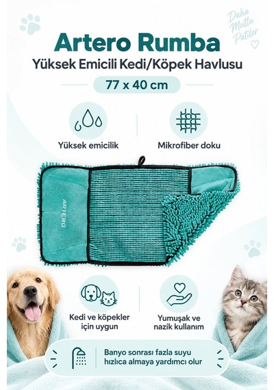 Artero Rumba Kedi Köpek Yüksek Emici Mikrofiber Kurulama Ve Kurutma Havlusu 77x40 Cm