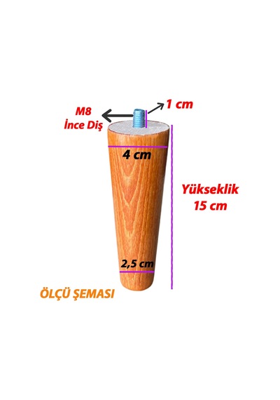 Ahşap Ayak 15 Cm 2'li Set Açık Meşe M8 Civatalı Bağlantı Aparatlı Dolap Mobilya Koltuk Kanepe Destek Ayağı Ayakları Açık Meşe