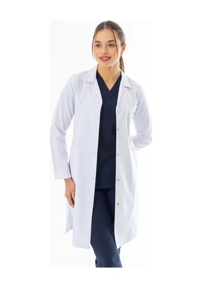 Spor Yaka Uzun Boy Kadın Doktor Önlüğü Alpaka Kumaş Beyaz Bko007 Beyaz