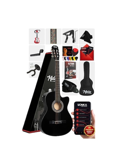 Midex CG-390BK-XBAG Siyah Klasik Gitar 4/4 Sap Ayarlı Kesik Kasa Full Set (Çanta Tuner Askı Capo Metod Pena) Hint Gül Ağacı