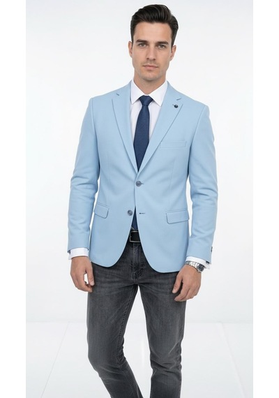 Plus Scorpion Ck 142 Slim Fit Mikro Desenli Erkek Ceket Yazlık Pike Kumaş Çift Yırtmaç Blazer Mavi
