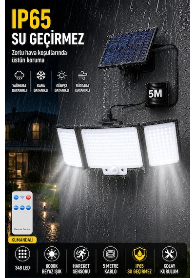 348 Led Solar Duvar Lambası, Güneş Enerjili Dış Mekan Aydınlatma, 5 Metre Kablolu Solar Panel, Hareket Sensörlü, Kumandalı, Ip65 Su Geçirmez Beyaz