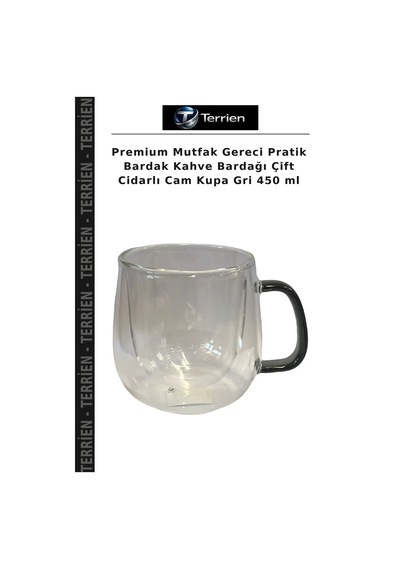 Premium Mutfak Gereci Pratik Bardak Kahve Bardağı Çift Cidarlı Cam Kupa Gri 450 Ml