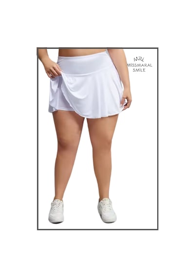 Büyük Beden Etek Içi Şortlu Ekru / Beyaz Yüksek Bel Volanlı Deniz Şortu Skirt With Shorts Curve Ekru / Beyaz