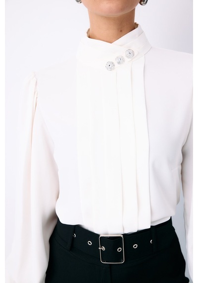 Sateen Nervür Detaylı Bluz - Ekru-135423 Ekru