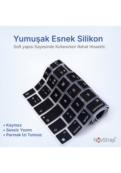 Novstrap Apple Uyumlu MacBook Pro 13 İnc M1 M2 A2338 A2289 A2251 İle Uyumlu Türkçe Q Siyah Klavye Koruyucu Kılıf