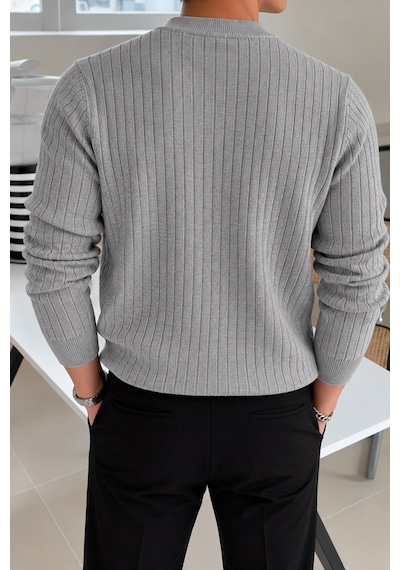 Erkek Bisiklet Yaka Slim Fit Triko Kazak Gri
