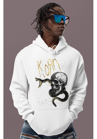 Sevbano Tasarım Korn Rock Metal Müzik Grubu Baskılı Unisex Oversize Hoodi beyaz