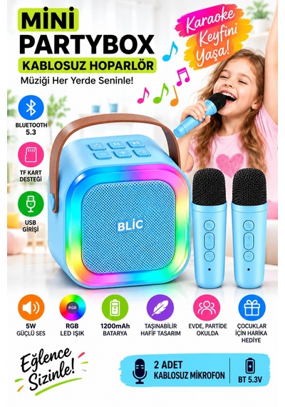 Blic Bls-97 Mavi Partybox Çift Kablosuz Mikrofonlu Rgb Led Işıklı Taşınabilir Bluetooth Hoparlör