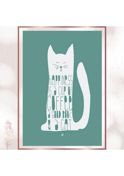 Kahve, Kitap Ve Kedi - Minimalist Mutluluk Pvc Tablo
