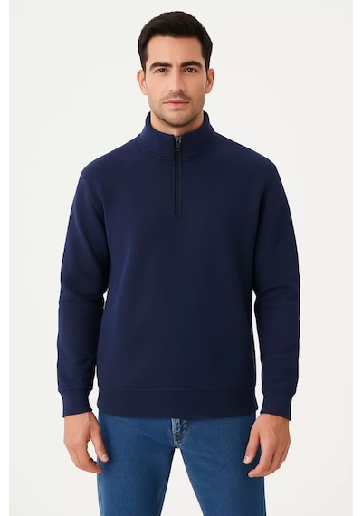 Cvs Giyim Erkek Dik Yaka Sweatshirt Dik Yaka Yarım Fermuarlı 3 İplik Şardonlu Pamuk Kumaş - Lacivert Lacivert