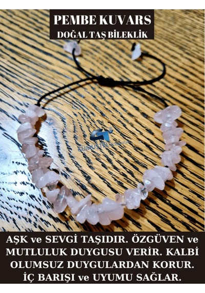 Gümüştel El Sanatları Sertifikalı Doğal Kırık Taş Pembe Kuvars Taşı Bileklik Asansörlü Kilit Sistemi Pembe