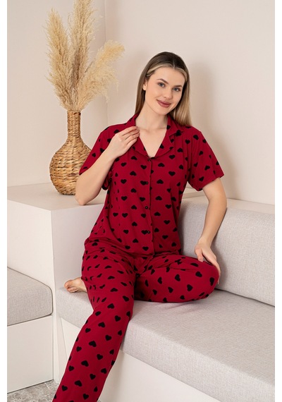 Nisanca Kısa Kollu Milan Gömlek Pijama Takımı- Genç Anne Serisi Bordo