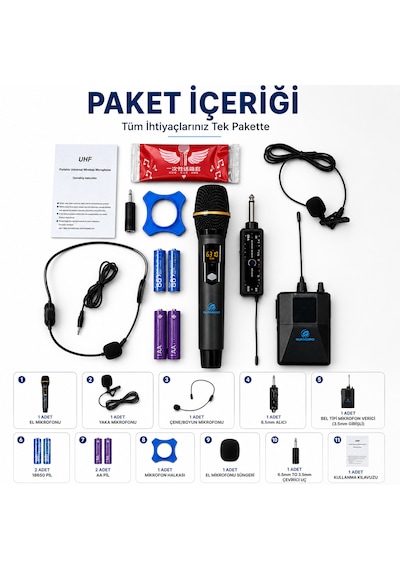Ultratekno Uhf Kablosuz Mikrofon Seti El Yaka Çene Mikrofonlu 6.5 Mm Alıcılı 3.5 Mm Çeviricili Şarjlı Profesyonel Ses Sistemi