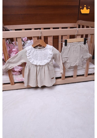Babyhola Kız Bebek Çocuk Yazlık Elbise Müslin Önlüklü Şortlu Takım 22410 Bej