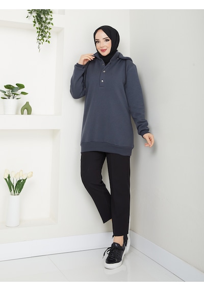 Raika Moda Kapşonlu 3 İplik Büyük Beden Tesettür Sweatshirt Antrasit
