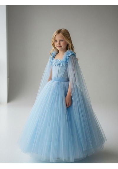Zekids Kız Çocuk Kol Detaylı Prenses Model Abiye Elbise-17245 Mavi