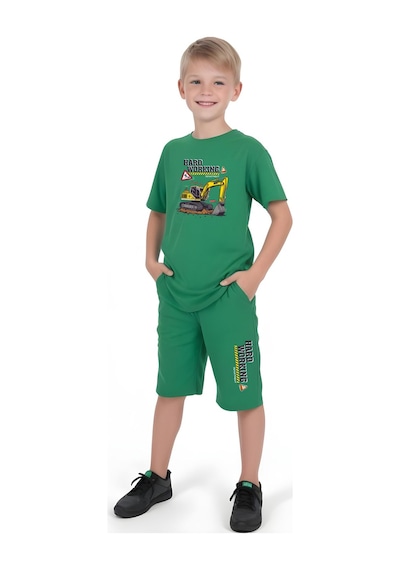 Fyk Kids Erkek Çocuk Tişört-şort Hard Working Baskılı Alt-üst Takım Yeşil