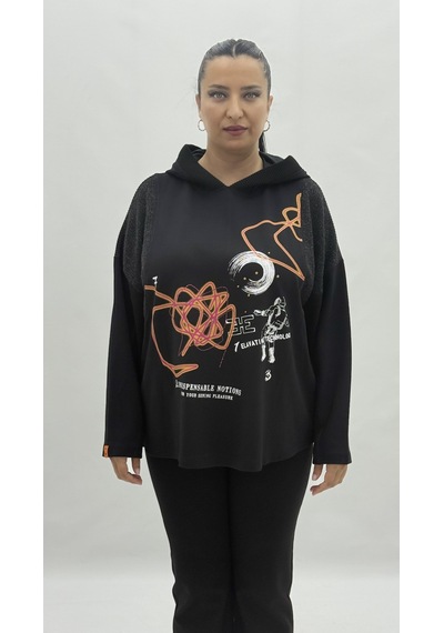 Büyük Beden Kapüşonlu Taşlı Uzun Kol Oversize Kadın Sweatshirt Siyah