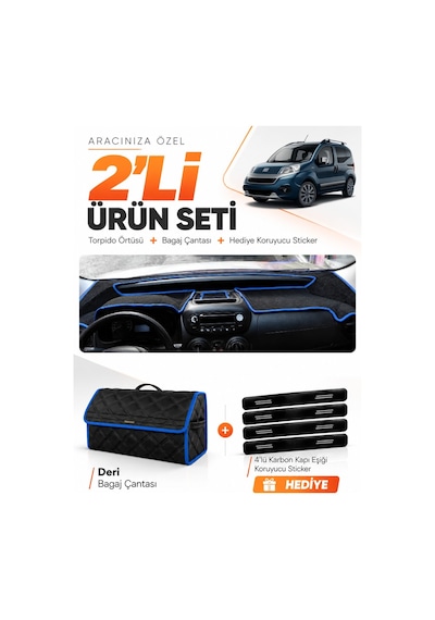 Fiat Fiorino 2007-2026 Uyumlu Torpido Örtüsü + Deri Bagaj Çantası + Sticker Seti - Siyah Mavi
