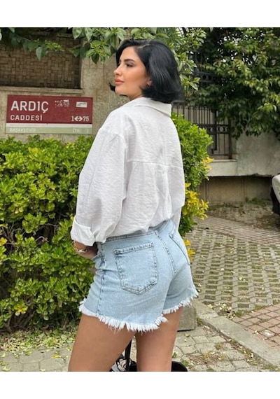 Zara Püsküllü Buz Mavi Jean Şort Buz Mavi