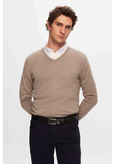 D's Damat Ds Damat Regular Fit Bej Düz V Yaka Triko Kazak 5HF06ORT12003 Bej