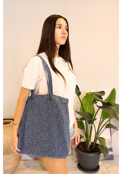 İcone Bag Desenli Yıkamalı Denim Kadın Çantası, Geniş Hacimli, Desenli El Ve Omuz Bez Çanta Shopper Kot Lacivert