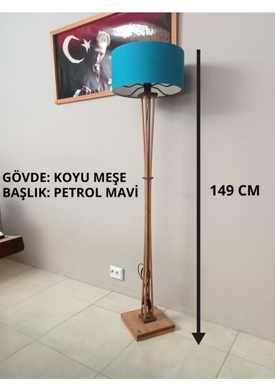Ahşap Lambader Köşe Lambası Meşe Petrol Mavi