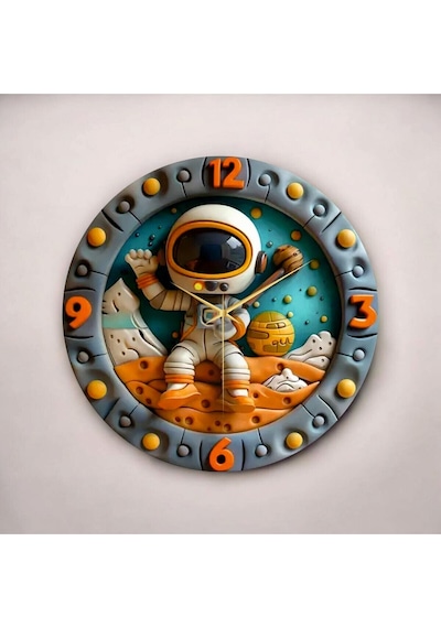 AA Shop Renkli Baskı Astronot Uzayy Çocuk Desenli Sayılı Hediyelik Ahşap Sessiz Duvar Saati 50cm ÇOk Renkli