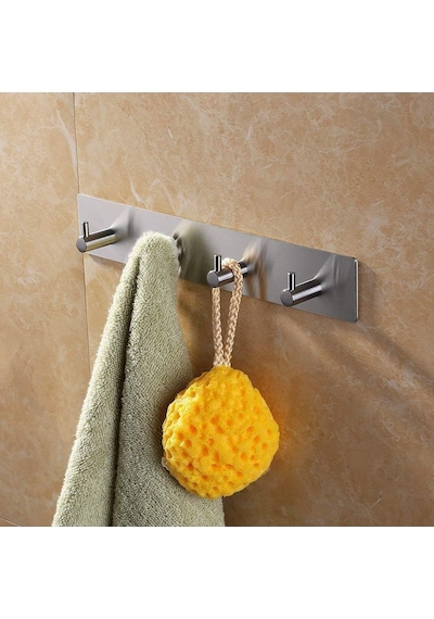 Paslanmaz Çelik 4 Topuzlu Bornoz Askısı Havluluk - Banyo Askısı - İnox - Kendinden Yapışmalı İnox - Paslanmaz Çelik