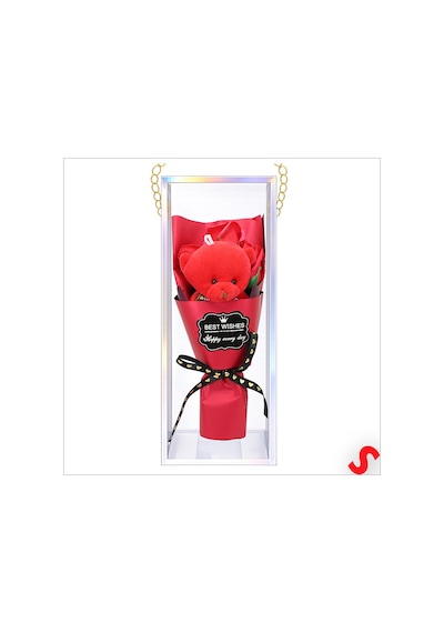 Pvc Kutulu,pelüş Ayıcıklı Yapay Güllü Mini Çiçek Buketi 26cmx8,5cm Renkli