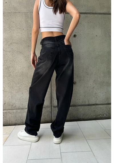 Siyah Premium Ayarlanabilir Yan Kemer Tokalı Baggy Jeans Siyah Yıkamalı