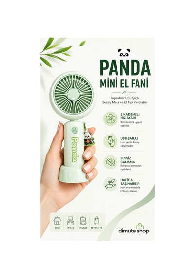 Panda Mini El Fanı Taşınabilir Usb Şarjlı Sessiz Masa Ve El Tipi Vantilatör Yeşil - 893028888