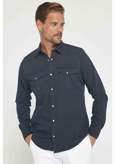 Tudors Erkek Slim Fit Uzun Kollu Spor Yaka Yıkamalı Çift Cepli Armürlü Denim Kot Antrasit Gömlek-31302 Antrasit