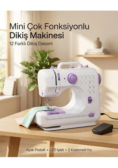 Çok Fonksiyonlu Mini Dikiş Makinesi 12 Dikiş Seçenekli 2 Kademeli Hız Ayarlı Standart