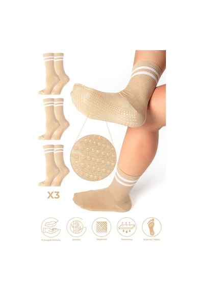 Saysez Bambu Kadın Bej Kaydırmaz Taban Silikon Baskı Pilates Yoga Fitness Bale Dans Aktivite Tenis Çorabı 3'lü Bej