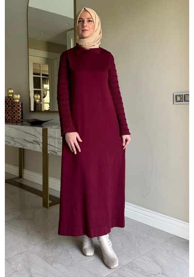 Rabia Şamlı Şölen Fularlı Triko Elbise Bordo Normal