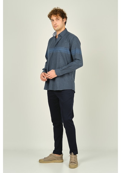 Megaldi Erkek Slim Fit Blok Desenli Pamuklu Uzun Kol Gömlek 1200 İndigo Mavi İndigo Mavi İndigo