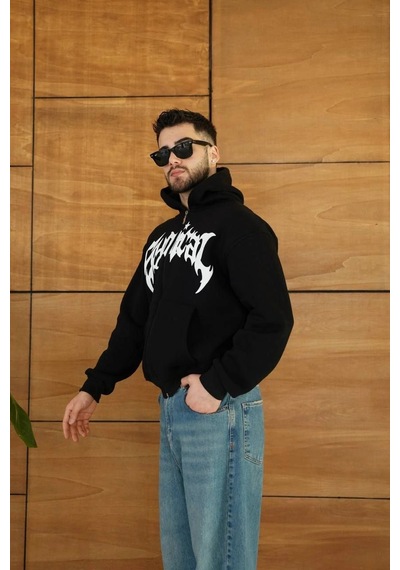 Novalisse Erkek Kapüşonlu 3 İplik Şardonlu Önü Baskılı Fermuarlı Oversize Sweatshirt - Siyah Çoklu Renk