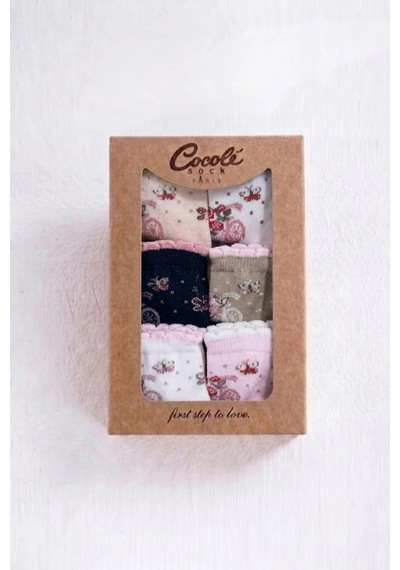 Cocole Socks Kız Bebek Soket Çorabı Kraft Kutulu 6'lı Set Pamuklu 0-1 Çiçek & Bisiklet Temalı Çok Renkli