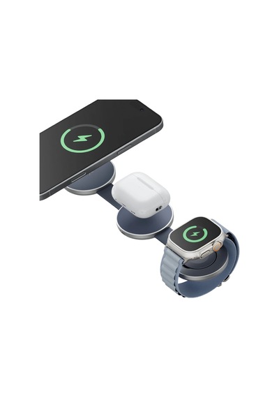 Energea Alumag Trio 3in1 Katlanabilir Qi2 Destekli 15w Telefon Saat Apple Uyumlu AirPods Masaüstü Hızlı Şarj Standı - Mavi