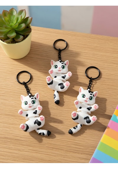 3'lü Hareketli Eklemli Kedi Anahtarlık Sevimli Benekli Kedi Figürü Çanta Aksesuarı Stres Oyuncağı 3d Beyaz