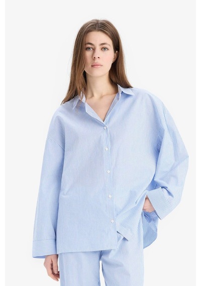 DeFacto Çizgili Pijama Yaka Poplin Pijama Üstü-Fall in Love E3113AX25SPBE747