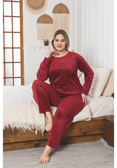 Büyük Beden Kırmızı Likralı Soft Kadife Pijama Takımı Kırmızı