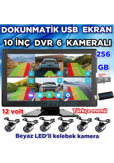Ahd 720p Rca Beyaz Ledli Kelebek Kamera 6 Kanallı 10 İnç Dokunmatik Usb Bsd Dvr Ekran 12 Volt