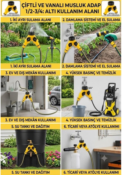 Çift Çıkışlı Vanalı Musluk Adaptörü 1/2" - 3/4" Bahçe Hortumu Y Bağlantı Aparatı Bağımsız Su Kontrolü 15 X 10 X 10 Santimetre