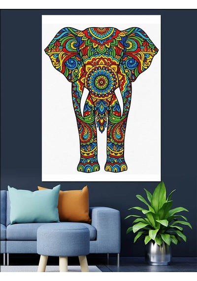 Ahşap Tablo Renkli Mandala Fil Deseni